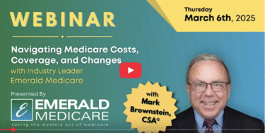 webinar for medicare costs, green background smiling man wearing glasses and a suit