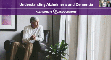 photo of older man seated, looking out window, text understanding alzheimer's and dementia